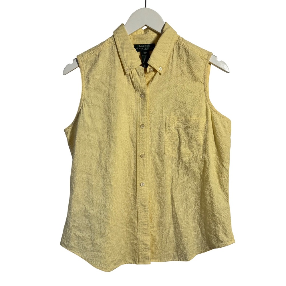 Lauren Ralph Lauren Petite Yellow Seersucker Sleeveless Button Down Shirt 12P